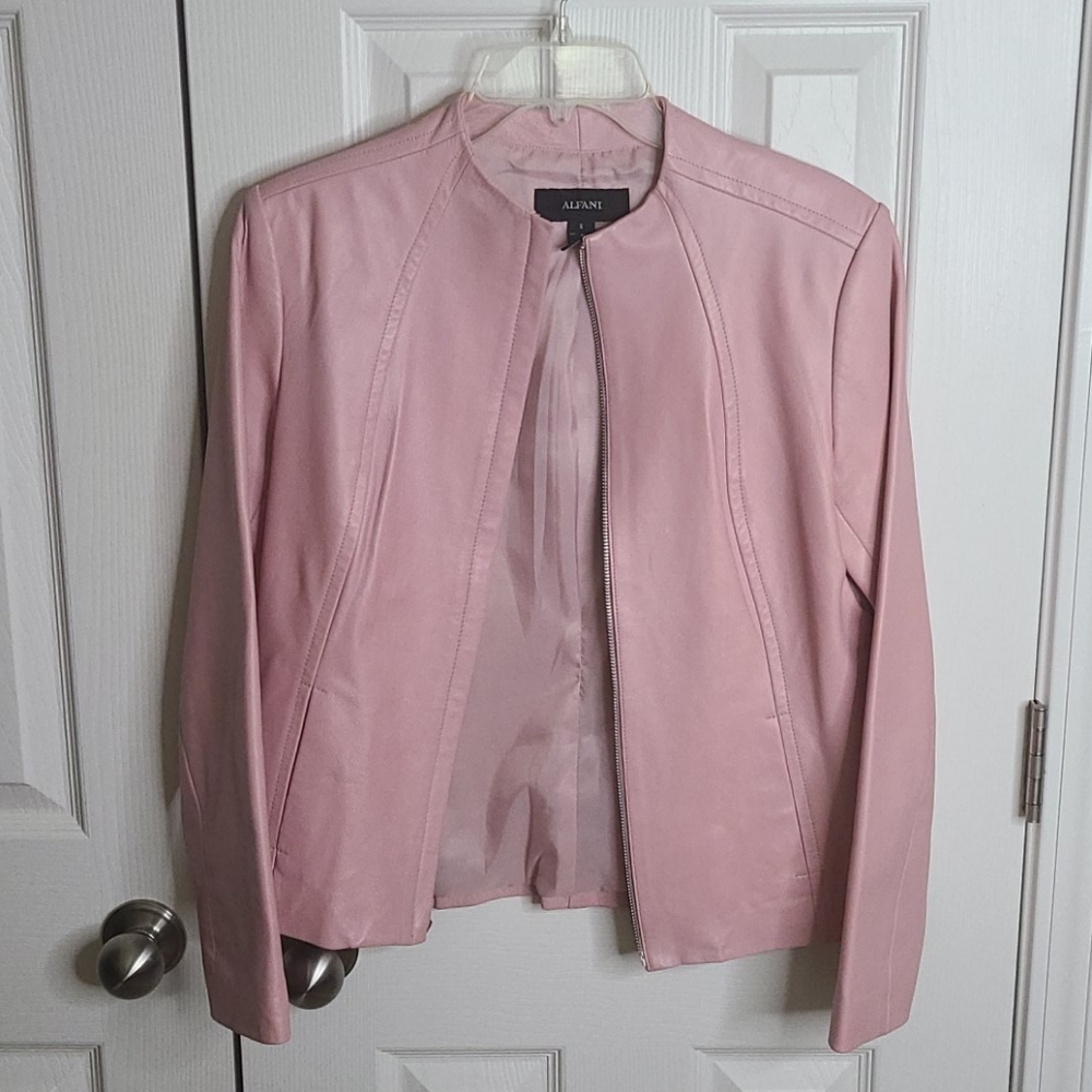 Alfani Pink Genuine Leather Front Zip Jacket Coat